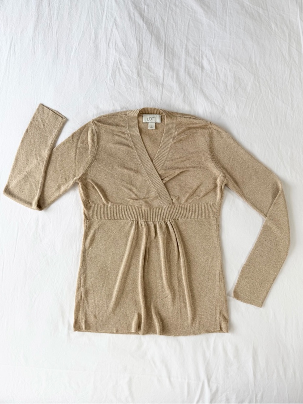 LOFT Shimmery Taupe Wrap-Front Long Sleeve Top